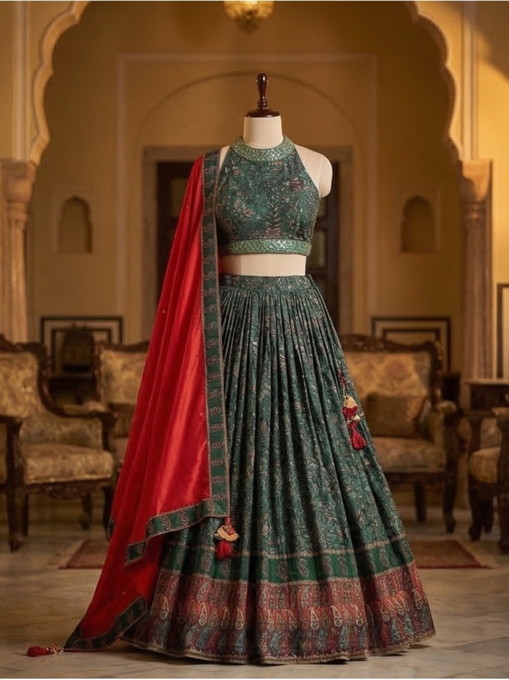Ethnic Indian Wear Teal Green Embroidered Lehenga with Scarlet Dupatta